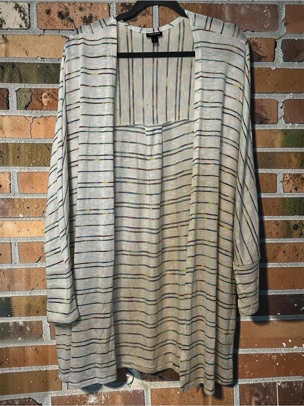 torrid Cream Open-Front Tunic Cardigan with Multicolor Stripes